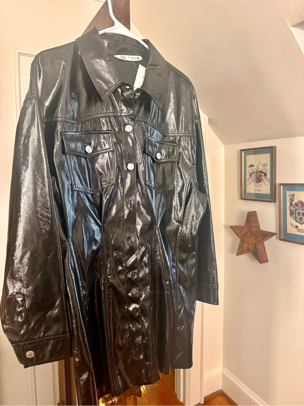 Zara Glossy Black Faux Leather Button-Front Jacket